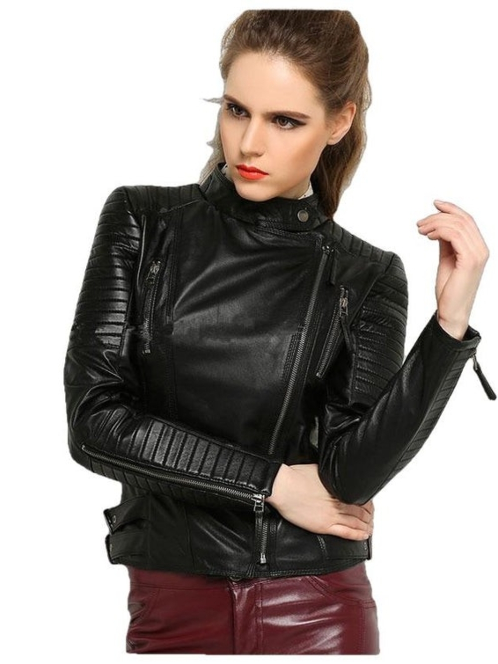 Women’s Black or Rex Quilted Sheepskin Leather Moto Jacket